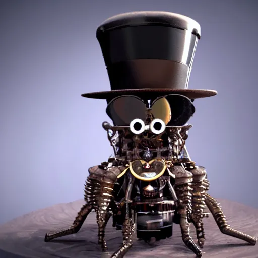 Image similar to a steampunk spider wearing a top hat, 8 k, unreal engine 6, hyper detailed, highly coherent,