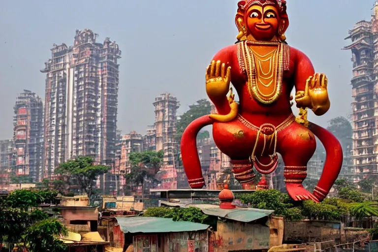 Image similar to dreamscape! mumbai with biomorphic hanuman!! head building, kalighat, sharp hyperrealistic cinematic smooth, stephen shore & john j. park, soft morning light, wide shot, high angle, uhd 8 k, deep focus