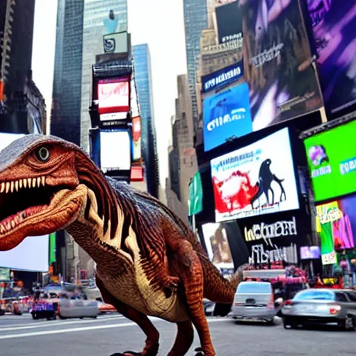 Image similar to velociraptor in Times Square, real photo