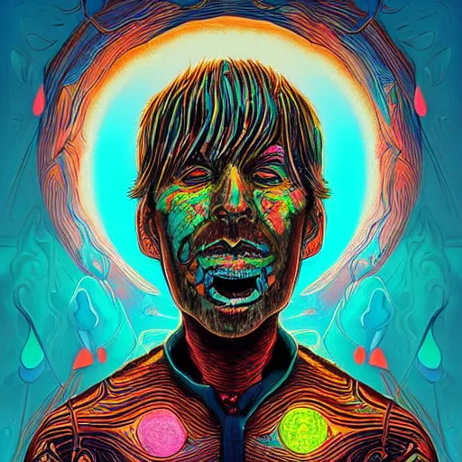 Prompt: a digital painting of a man with a strange face, poster art by dan mumford, behance contest winner, psychedelic art, cosmic horror, apocalypse art, darksynth