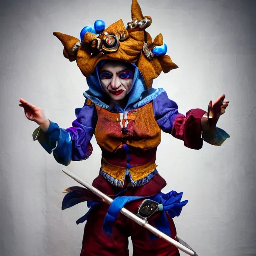 Prompt: full body photo beautiful jester rogue, highly detailed, 4k, HDR, smooth, sharp focus, hyper realistic, high resolution, award-winning photo