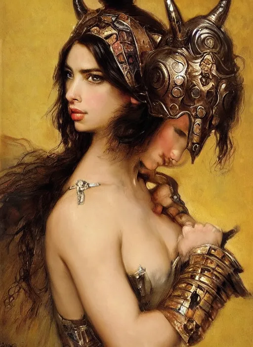 Prompt: a beautiful woman with horns and armor, victorian armor, adriana lima. by rembrandt 1 6 6 7, illustration, by konstantin razumov