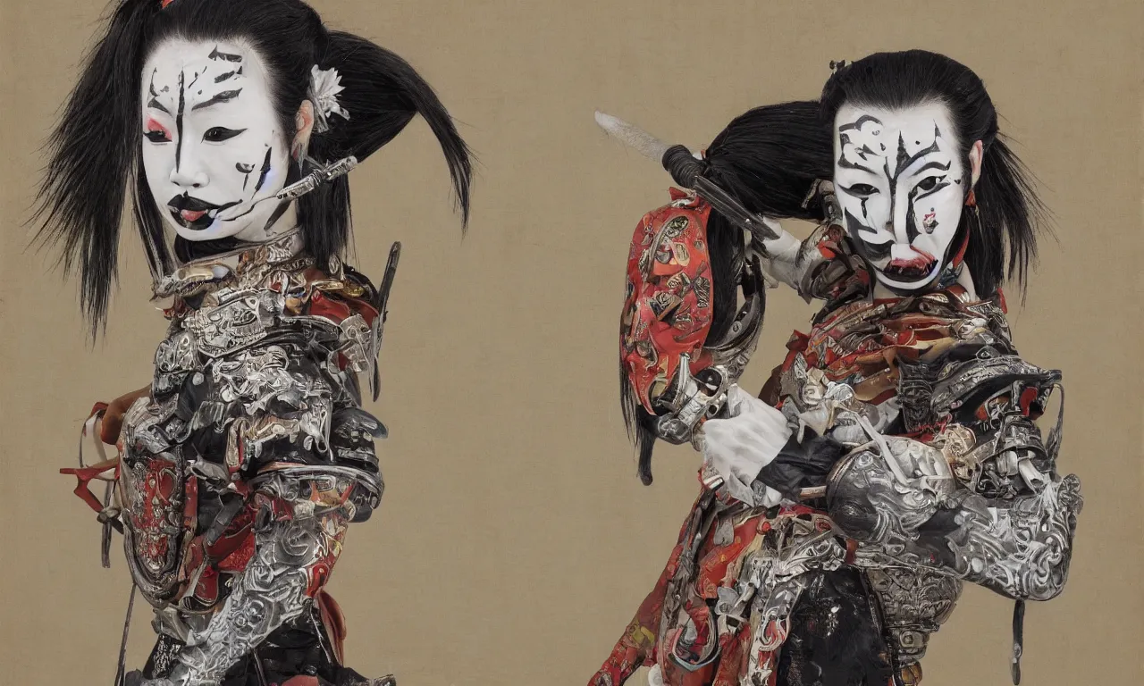 Image similar to Hyperrealist portrait of a vivacious samurai woman with face paint and armor made of bone