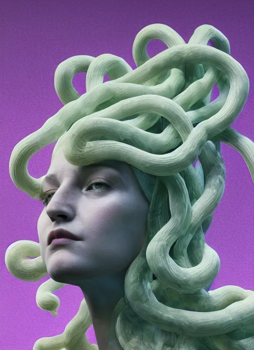 Image similar to medusa made of soft white wax, wooden art nouveau swirls, strong subsurface scattering, cables, tubes, subsurface scattering, in the style of ruan jia and beeple and giger, subsurface scattering, mystical colors, back light, rim light, dramatic lighting, 8 k, stunning scene, raytracing, octane render, trending on artstation