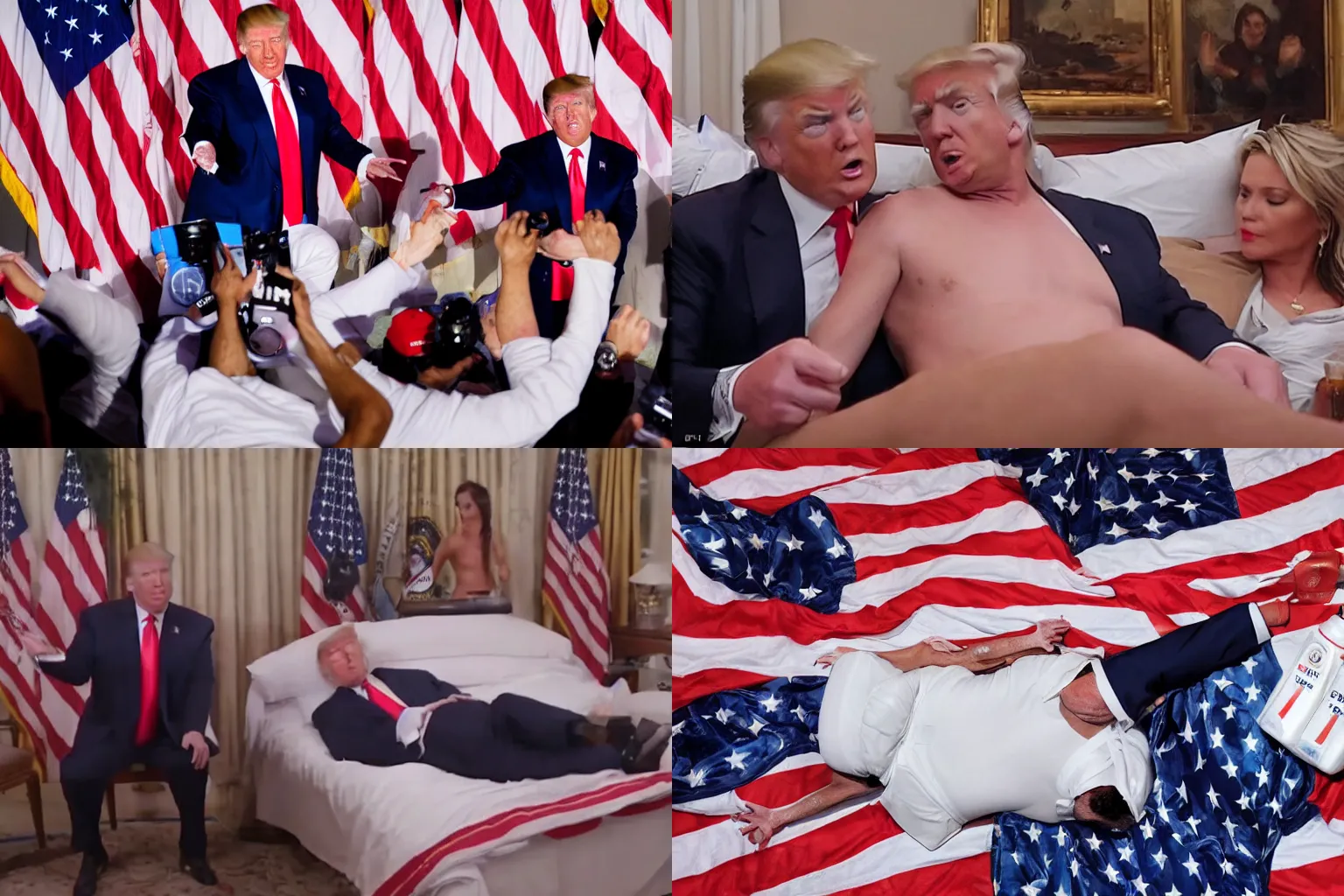 Prompt: gopro footage of donald trump on a bed, full body, fully clothed, male anatomy, sweaty, lots of fluids, bottle of lotion