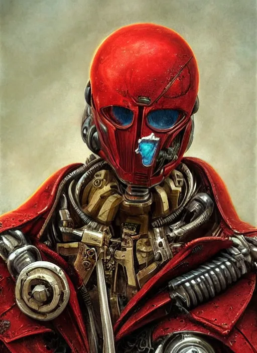 Image similar to portrait of rotten Tom Cruise as adeptus mechanicus in red hood and robe from Warhammer 40000. Highly detailed, artstation, illustration by and John Blanche and zdislav beksinski and wayne barlowe and Gustav Klimt