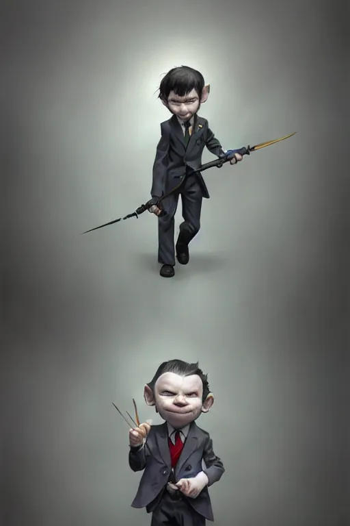 Image similar to cute adorable miniature Joker but he's an ape kid in a business suit, realistic and ultra intricate detailed soft painting, volumetric lighting, mist, Artstation, Tom Bagshaw Yasushi Nirasawa Moebius artstyle, unreal render, depth of field