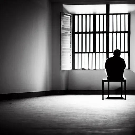 Prompt: lonley man sitting in the corner of a room, monochrome, dark, strong shadows