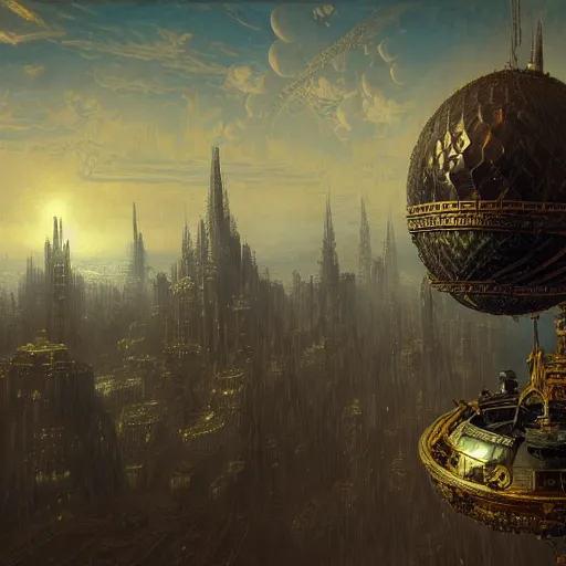 Image similar to enormous flying city in a faberge egg, sky, steampunk, fantasy art, masterpiece, hugh ferriss, unreal engine, andreas achenbach cloudy background, latticework