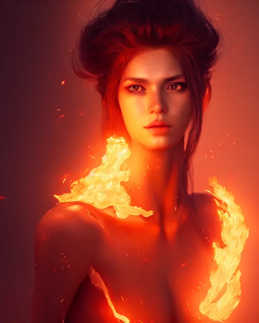 Image similar to Beautiful art portrait of fire elemental woman, atmospheric lighting, intricate detail, cgsociety, hyperrealistic, octane render, RPG portrait, ambient light, dynamic lighting