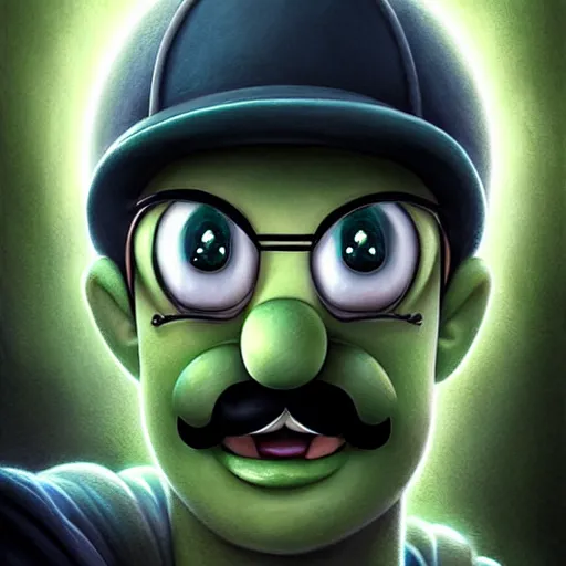 Image similar to hyper realistic, portrait of a mega derpy luigi by greg rutkowski, scott m fischer, artgerm, loish, slight glow, atmospheric, anne stokes, alexandros pyromallis