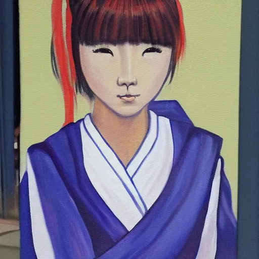 Image similar to a painting of Japanese schoolgirl, clothed, acryl