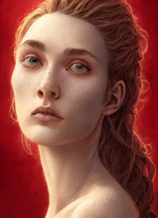 Image similar to vertical portrait of a ruggedly handsome female cleric, soft hair, close - up face, leather, witchy, d & d, fantasy, intricate, elegant, highly detailed, digital painting, artstation, concept art, smooth, sharp focus, illustration, art by artgerm and greg rutkowski and alphonse mucha, plain red background