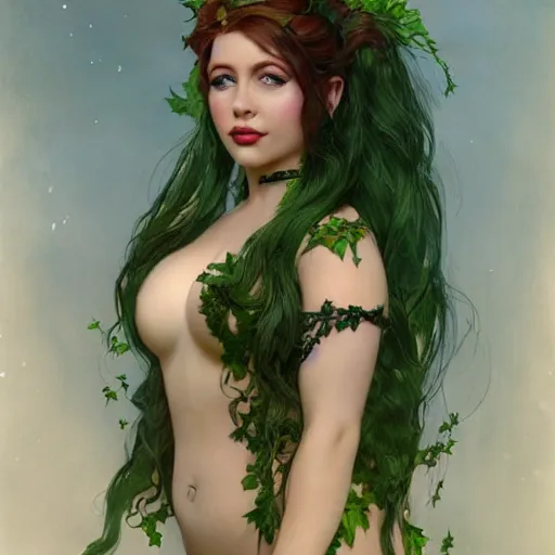 Prompt: a stunning matte painting of a thicc and stacked ariel dressed as a beautiful poison ivy with hair tied in a braid, dark eyeliner, intricate, elegant, highly detailed, digital painting, artstation, concept art, sharp focus, illustration, art by artgem and jugendstil and greg rutkowski and alphonse mucha, pixv