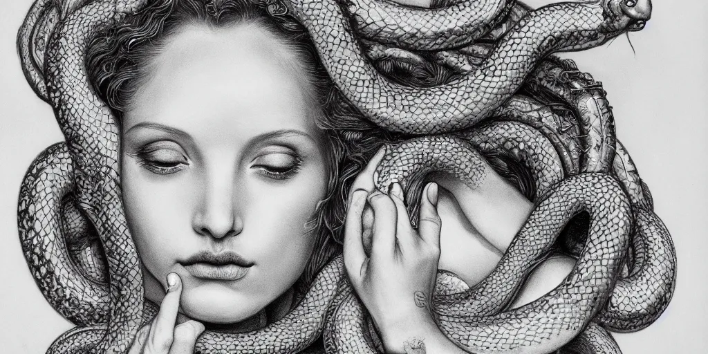 Image similar to realistic portrait of beautiful medusa with her snakes, golden, delicate, facing camera, hyper realism, 1 4 5 0, ink, ultra realistic, 8 k