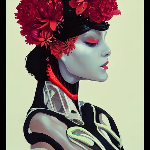 Image similar to surreal gouache paintingby conrad roset, female mechanical android head with flowers growing out, portrait, cgsociety, artstation, rococo mechanical costume and grand headpiece,