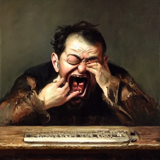 Image similar to an angry man screams at his computer monitor, oil on canvas, 1 8 8 3, highly detailed