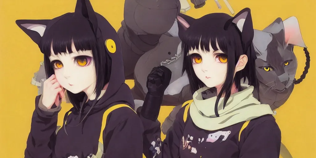 Image similar to with yellow eyes, a beautiful anime cyborg - girl wearing a cat hoodie, wlop, ilya kuvshinov, artgerm, krenz cushart, greg rutkowski, hiroaki samura, range murata, james jean, katsuhiro otomo, erik jones, serov, surikov, vasnetsov, repin, kramskoi