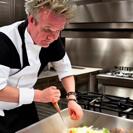 Image similar to hyper real Gordon Ramsey cooking a unicorn in kitchen 4k