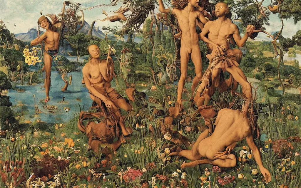 Image similar to a portrait photograph of a meditating satyr and a centaur monk riding a rocket machine and hunting at a river delta. surrounded by bulbous flowers and trees. mountain range under a blue sky of fiery stars. by jan van eyck, max ernst, ernst haeckel, ernst fuchs and artgerm, cgsociety, fashion editorial, 8 k