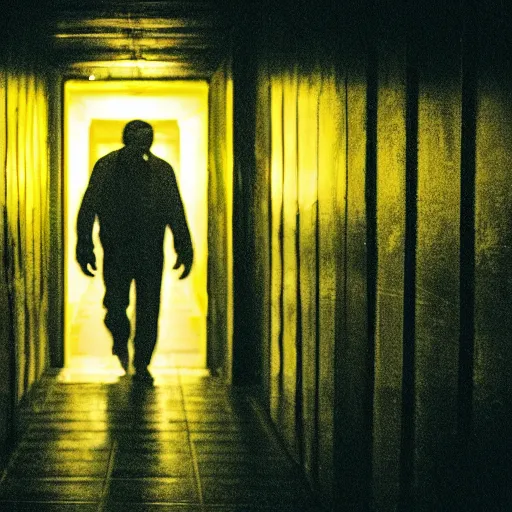 Image similar to A cinematic horror film still of a grotesque monster in a maze of yellow dimly lit hallways.