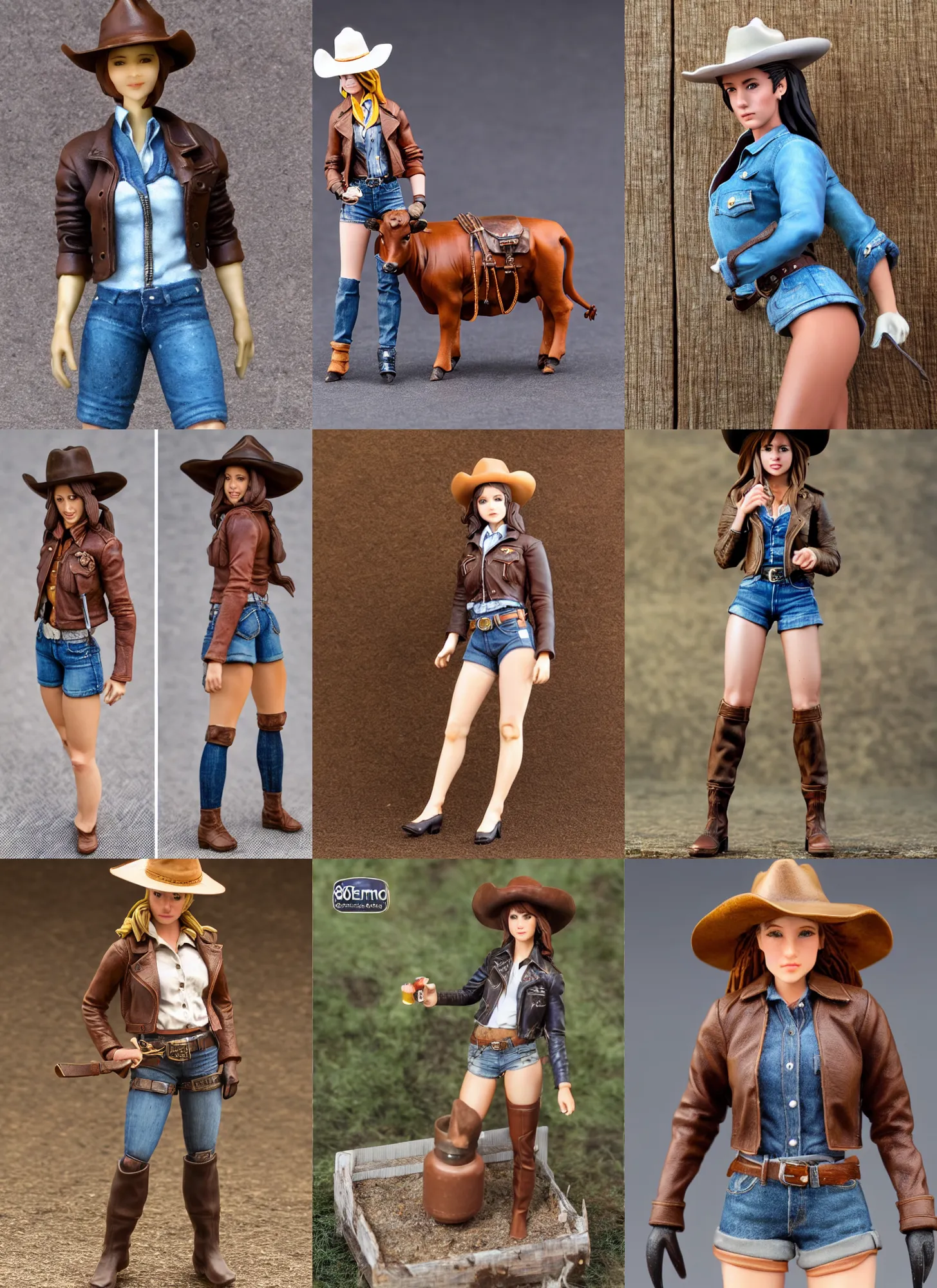 Prompt: 80mm resin detailed miniature of a cow girl, Short brown leather jacket, denim shorts, ten-gallon hat; Product Introduction Photos, 4K, Full body