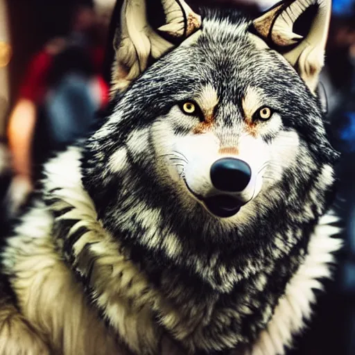Image similar to portrait of a wolf fursuit at a furry convention, indoors, realisitc photo