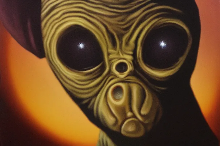 Prompt: e. t. the extra - terrestrial portrait in oil on black velvet, in frame, 4 k, hyper - realistic