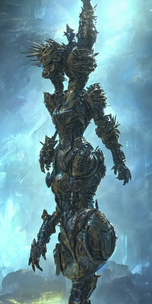 Prompt: Big and strong full armored female knight in a high tech botanical world with blue skies | style of boris vallejo, vincent callebaut, dramatic light | high detail | cinematic lighting | pristine metals, glass, plants | solarpunk | golden hour | volumetric lighting | concept art |