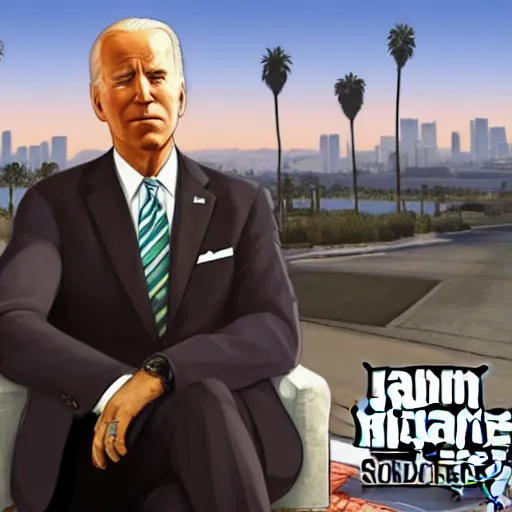 Image similar to Joe Biden in GTA V. Los Santos in the background, palm trees. In the art style of Stephen Bliss