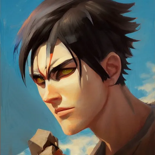 Image similar to greg manchess portrait painting of eren jeager as overwatch character, medium shot, symmetrical, alan yeager ， profile picture, organic painting, sunny day, matte painting, bold shapes, hard edges, street art, trending on artstation, by huang guangjian and gil elvgren and sachin teng