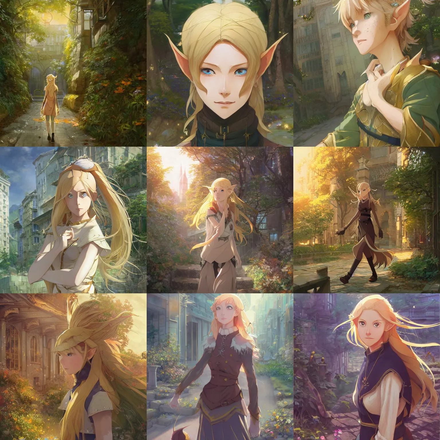 Prompt: Portrait of a golden-haired elf woman walking through a city reclaimed by nature, beautiful face, highly detailed, photoshop, digital illustration, official anime key visual, by Makoto Shinkai and Hayao Miyazaki, by Krenz Cushart