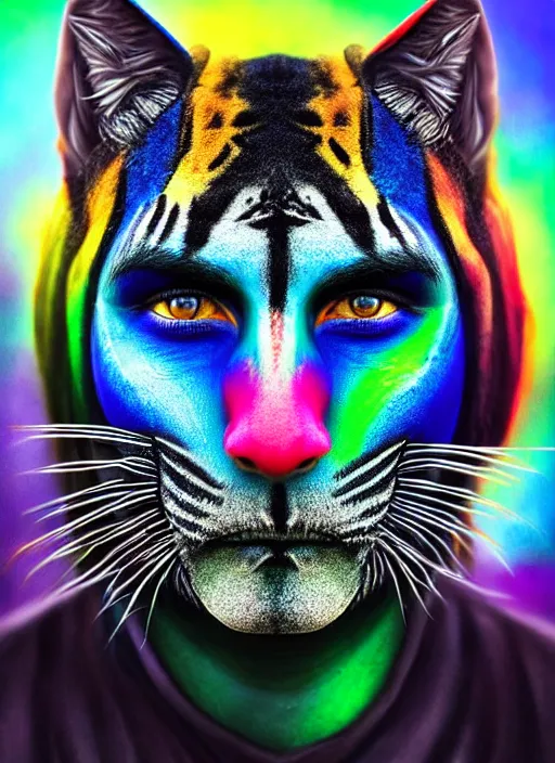 Prompt: photo of a gorgeous Beautiful face Portrait of Magic old shaman with a rainbow panther, face painting, thunders, shaman in the style of stefan kostic, wild, realistic, sharp focus, 8k high definition, insanely detailed, intricate, elegant, art by stanley lau and artgerm
