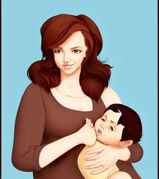 Image similar to a mother with short shoulder length dark auburn hair, short and curvy and a slightly chubby face holding her infant son with short brown hair full color digital illustration in the style of don bluth, artgerm, artstation trending, 4 k