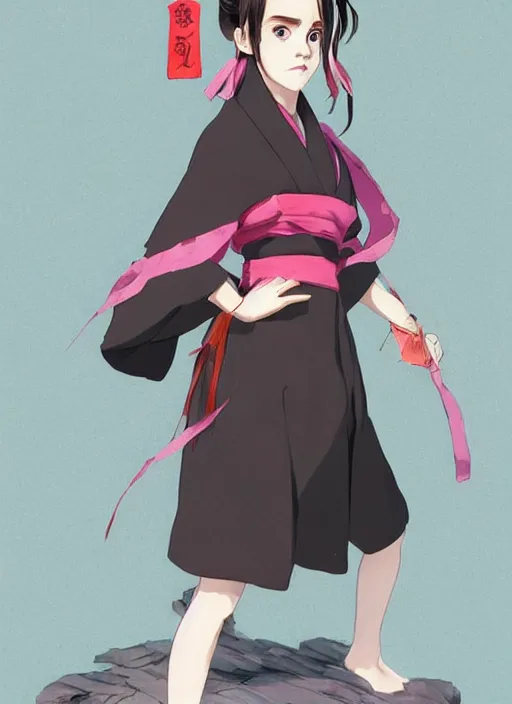 Image similar to emma watson as nezuko Kamado from demon slayer anime ねずこ nezuko from demon slayer anime ねずこ nezuko from demon slayer anime ねずこ wearing kimono wrapped mouth by artgem by greg rutkowski trending on artstation