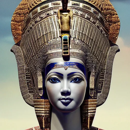 Image similar to A digital masterpiece illustration concept art of giant porcelain statue of a very beautiful Ancient egyptian princess its top in the heaven, beautiful eyes, symmetrical face, symmetrical body, taiga landscape + inspired art by mark brooks, peter kemp + Extremely detailed and intricate complexity + epic composition, magical atmosphere, cinematic lighting + wide long shot, wide angle + trending on artstation + 8k