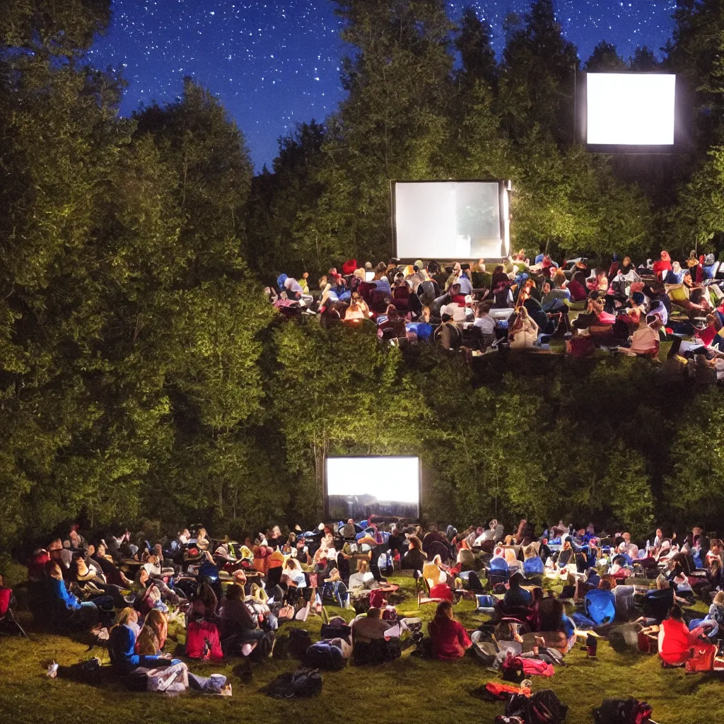 Prompt: outdoor cinema in the forest at night