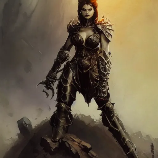 Prompt: A full portrait of a beautiful armored berserker woman, with an oversize Gothic sword, by Frank Frazetta, Greg Rutkowski, Boris Vallejo, epic fantasy character art, Exquisite detail, post-processing, masterpiece, cinematic