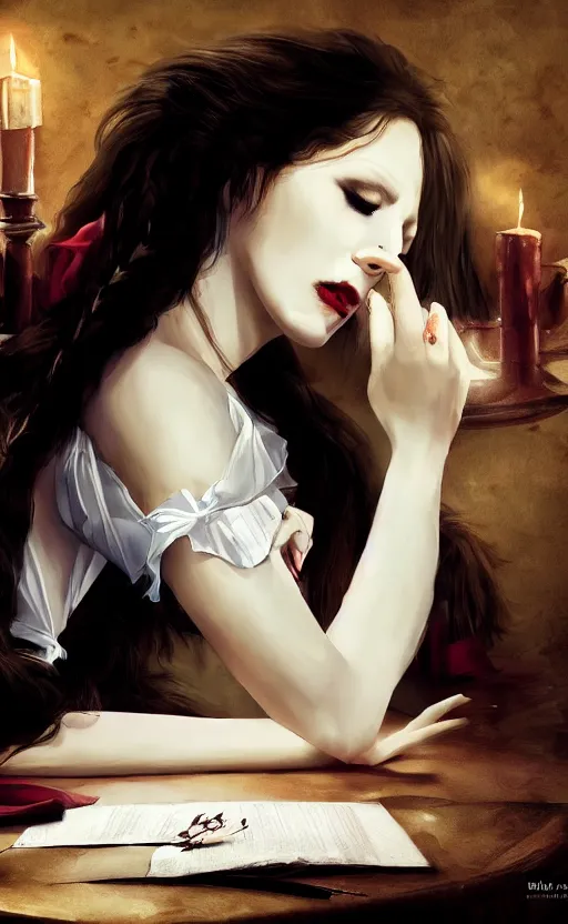 Image similar to a beautiful lady vampire falling asleep at a table, cinematic, art, epic, digital masterpiece, romantic lighting