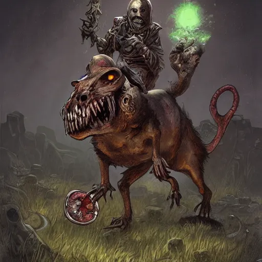 Image similar to a necromancer riding a rat, doom, horror scenery, by Keith Thompson