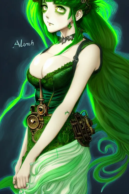 Prompt: beautiful green hair anime woman victorian dress, steampunk, fantasy, eerie, intricate details, pixiv, digital painting, artstation, concept art, 8 k, art by artgerm, loish and alohonse mucha and eiichiro oda