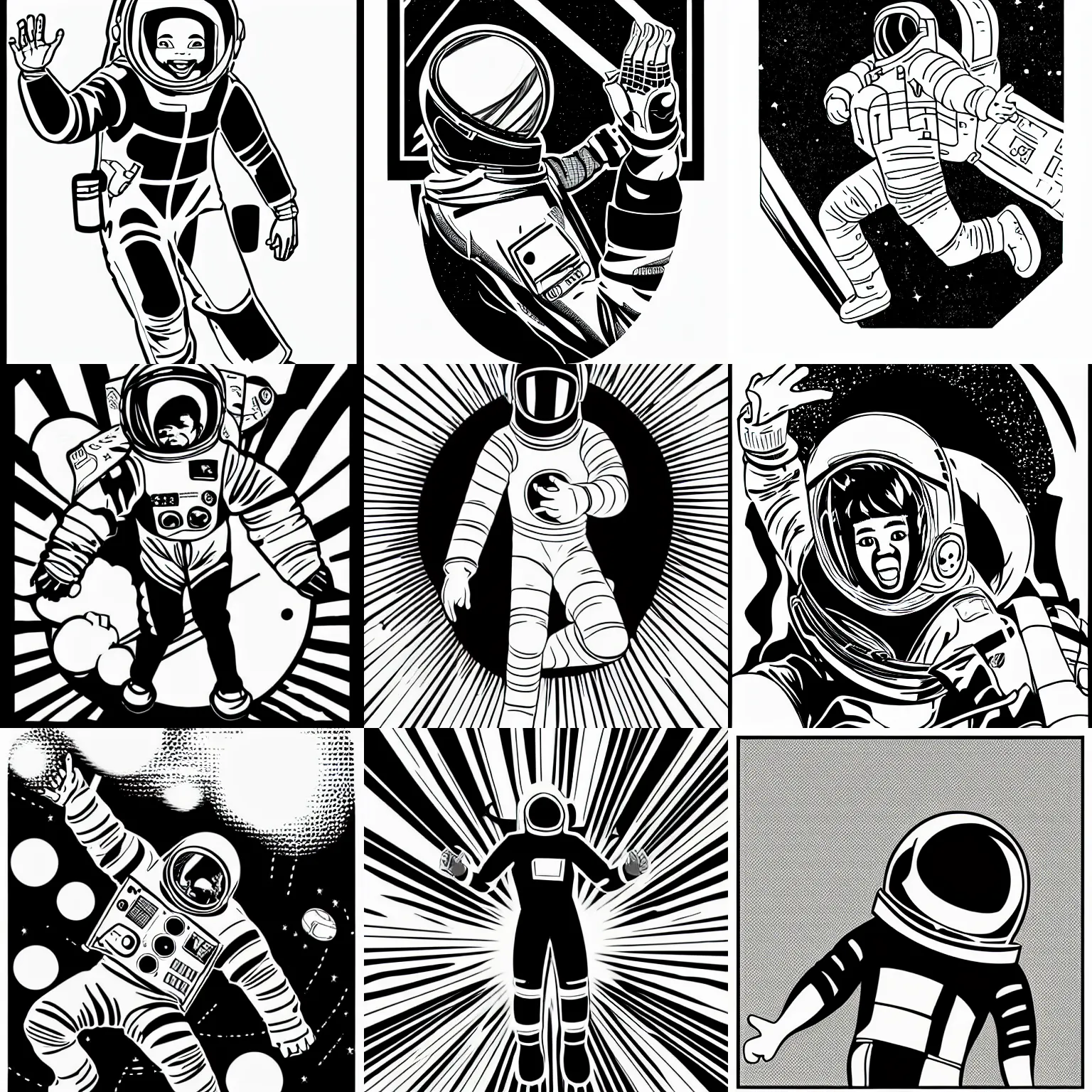 Prompt: a black and white vector illustration of a young joyful black astronaut boy, foreshortened, manga, comic book, epic composition, high energy speed lines, halftone shading