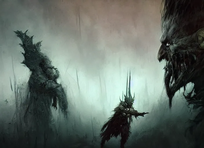 Image similar to feral chieftain concept, beksinski, ruan jia, the hobbit orc concept, dark soul concept