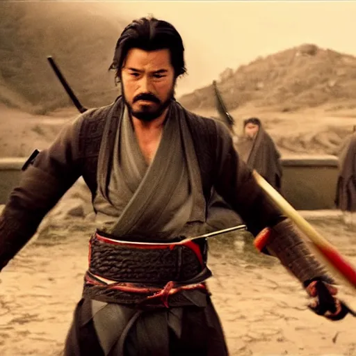 Image similar to handsome and strong kurdish samurai wielding a katana in a movie directed by christopher nolan, movie still frame, promotional image, imax 7 0 mm footage, perfect symmetrical facial features