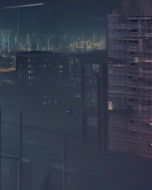 Image similar to a night rooftop scene by Liam Wong, close up shot of a photorealistic gangster wearing a trench coat looking at the city below, dark mood, octane render, unreal engine, highly detailed