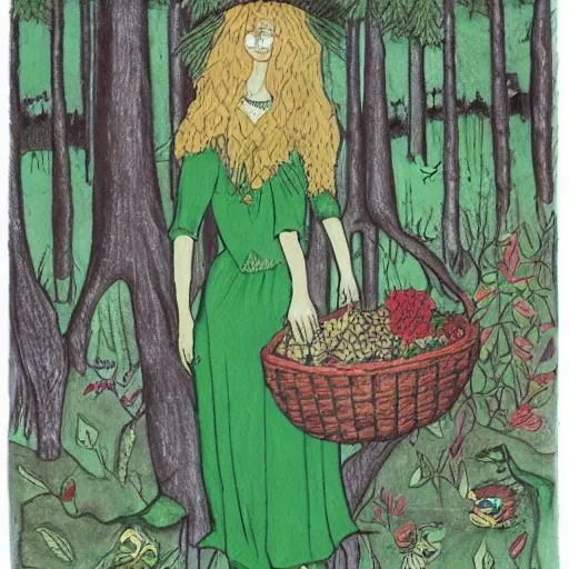 Image similar to ordered dark green by helio oiticica. a drawing of a vasilisa standing in the forest, surrounded by animals. she is holding a basket of flowers in one hand & a spindle in the other. gentle expression. in the background, the forest is dark & mysterious.