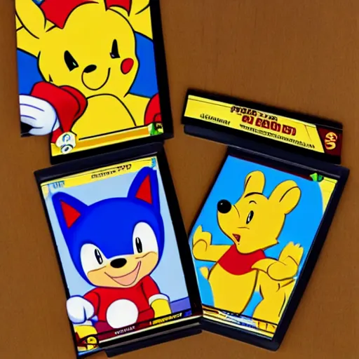 Image similar to photograph of winnie the pooh and super mario and sonic the hedgehog anime style, on pokemon card packs at target