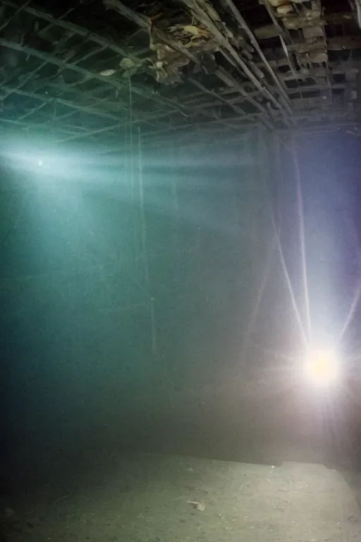 Prompt: dark indigo lens flares in abandoned basement decorated with salvaged industrial materials to resemble heaven, watercolor painting underwater, silhouettes, apocalyptic, mass-hallucination fever-dream, 8k photorealistic, cinematic composition, shallow depth of field, extreme fisheye lens, directed by gaspar noe, tokujin yoshioka, david lynch, helmut lang, dark mood lighting, shot on arri alexa, hyperdetailed