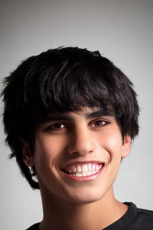 Image similar to close up headshot of an androgynous Hispanic teen male with medium length slightly wavy black hair a wide smile brown eyes a small nose tidy plucked eyebrows dark brown eyes and a diamond shaped face, high resolution film still, 8k, HDR color, gazing dark brown eyes, high cheek bones, trimmed eyebrows