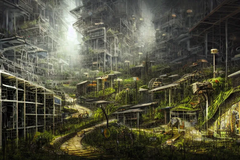 Prompt: favela winding cybernetic hive, wooded environment, industrial factory, haunting, award winning art, epic dreamlike fantasy landscape, ultra realistic,